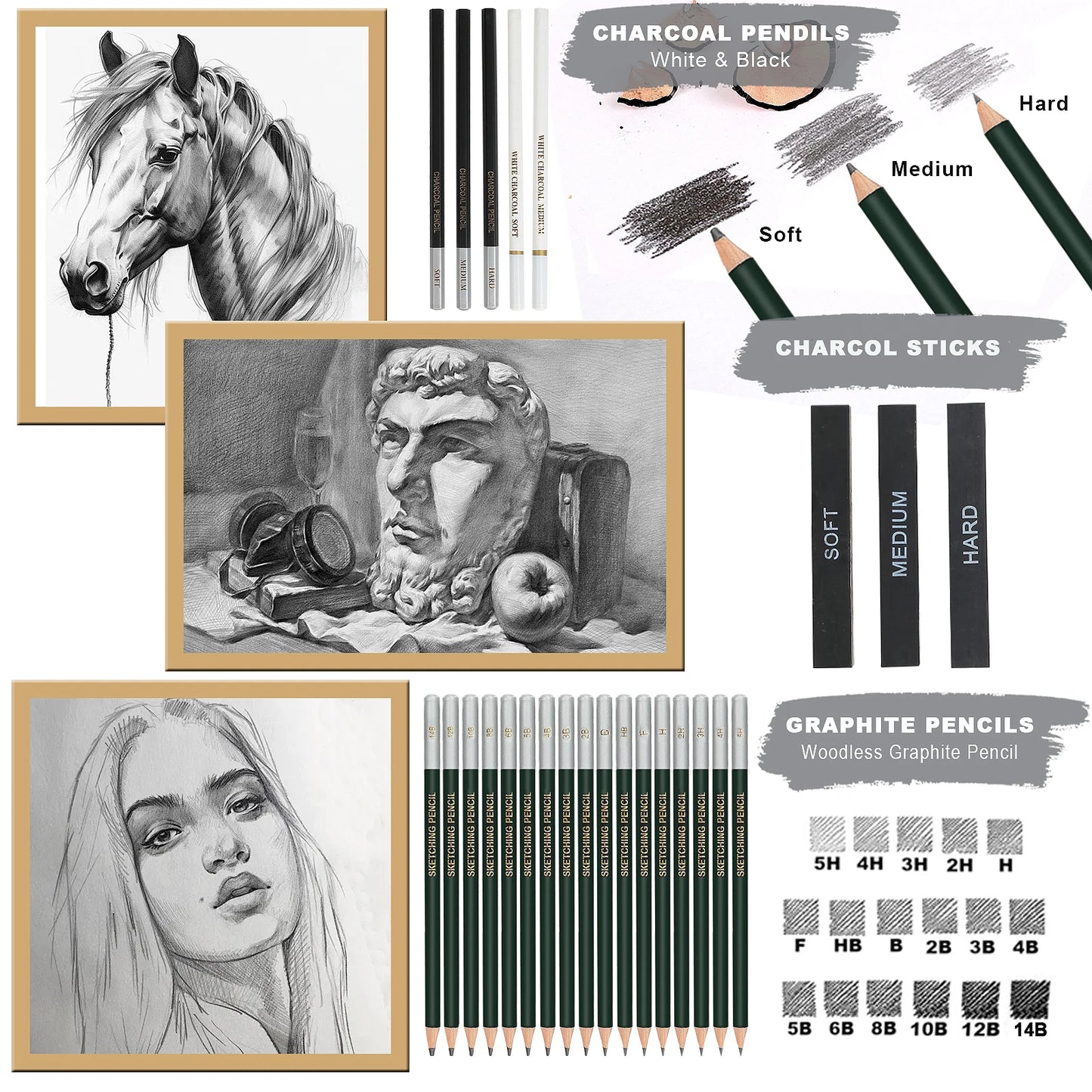 20/54/58/70/144 Drawing And Sketching Kit | Portable Travel Case | Graphite, Charcoal, White Color