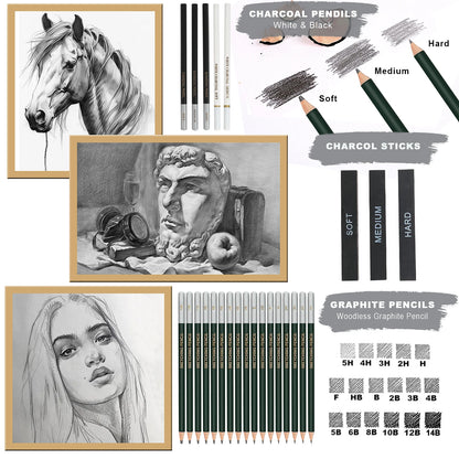 20/54/58/70/144 Drawing And Sketching Kit | Portable Travel Case | Graphite, Charcoal, White Color