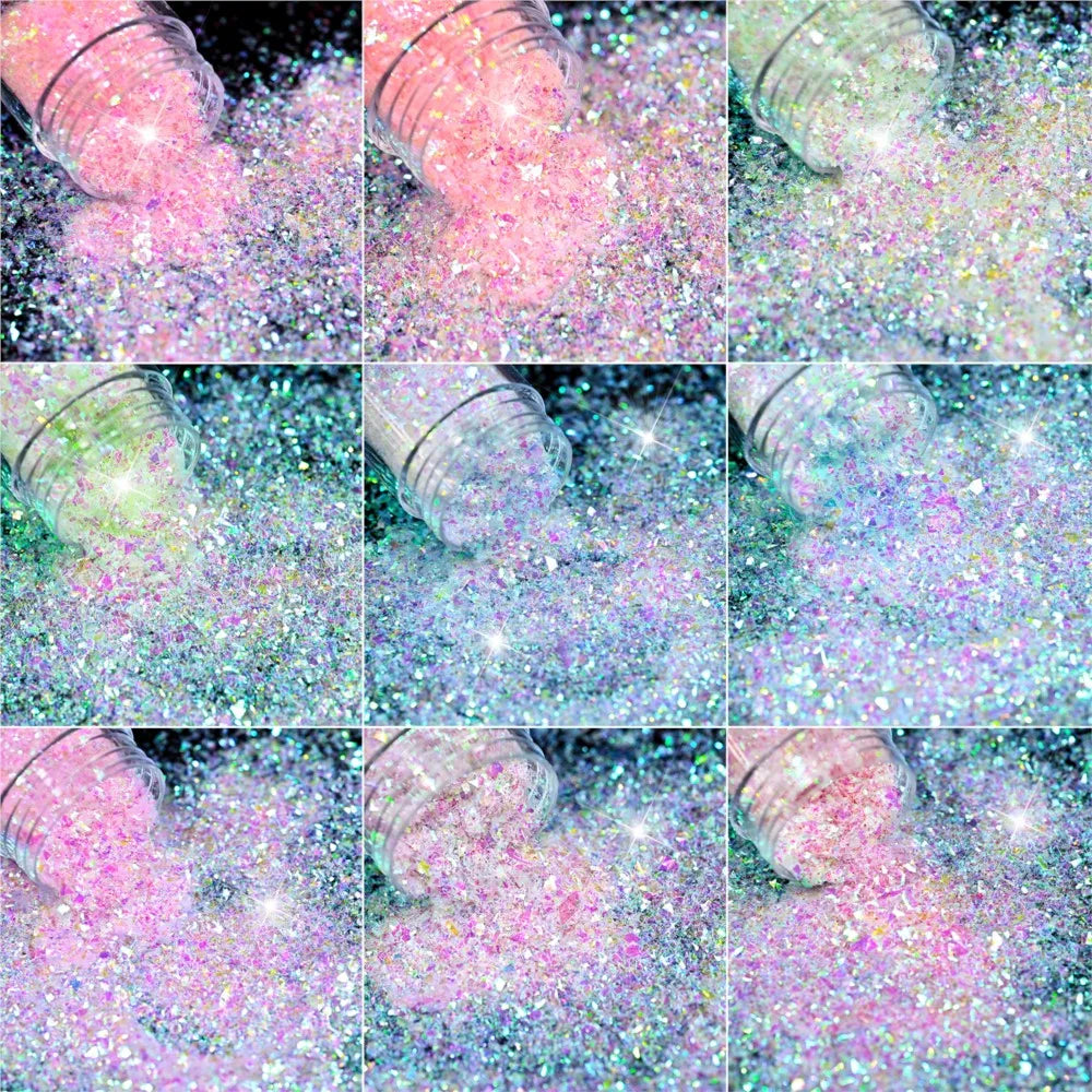 9Jars Iridescent Mermaid Glitter Nail Flakes Power 3D Ultra-thin Irregular Glass Nail Flakes 9colors Rainbow Nail Pigments