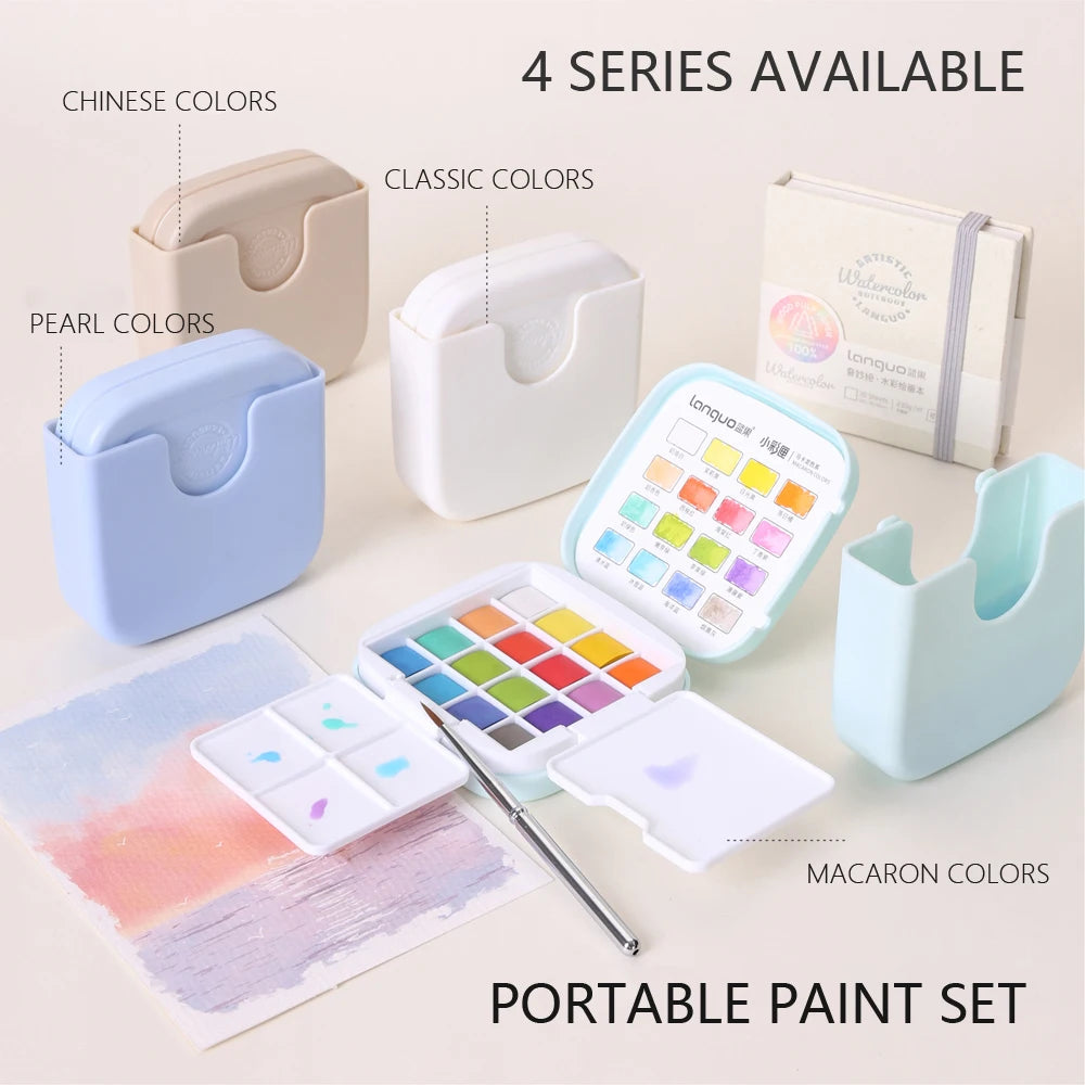 16 Colors Mini Portable Solid Watercolor Paint Set with Brush & Palette Travel Sketching Painting Box for Art Drawing Sketching