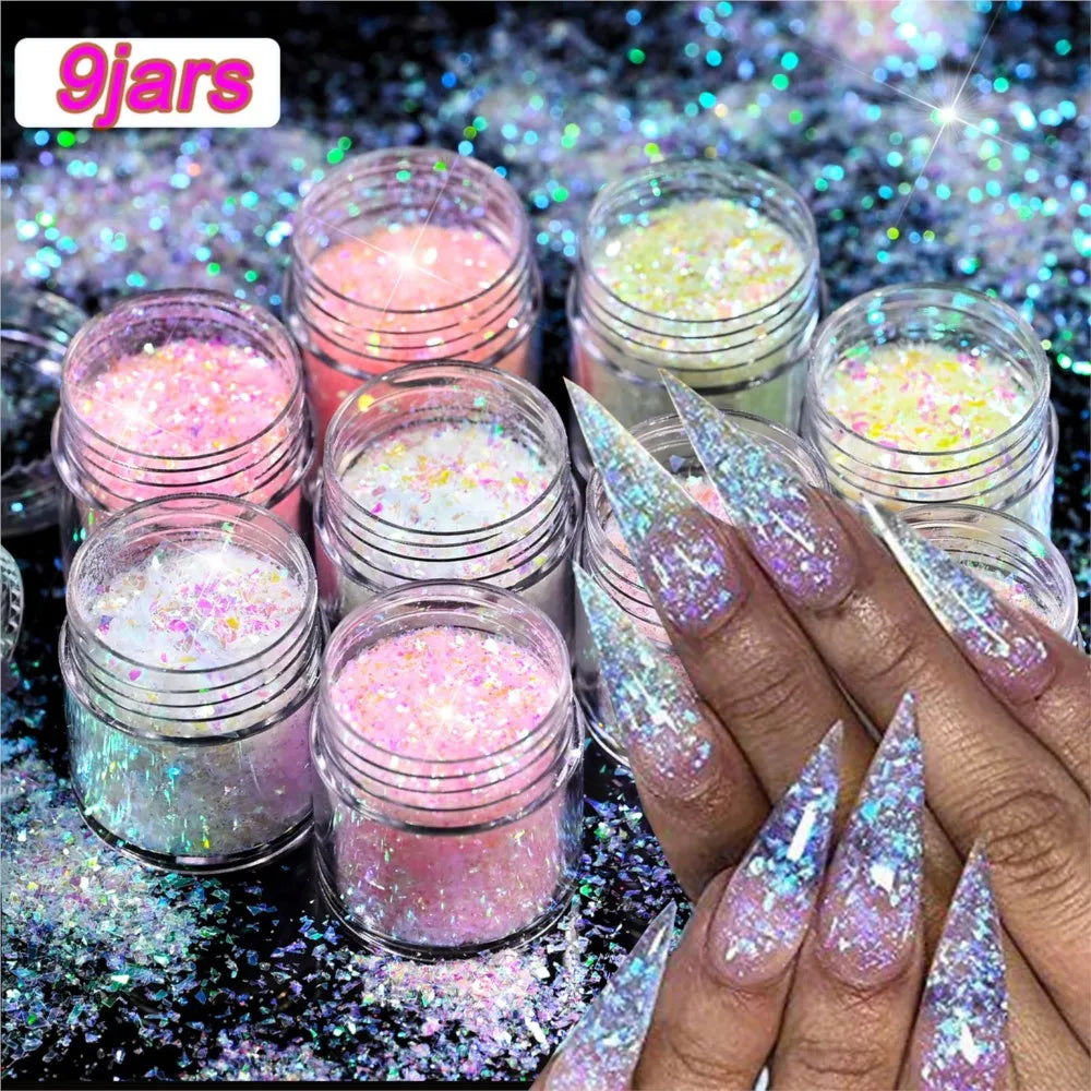 9Jars Iridescent Mermaid Glitter Nail Flakes Power 3D Ultra-thin Irregular Glass Nail Flakes 9colors Rainbow Nail Pigments