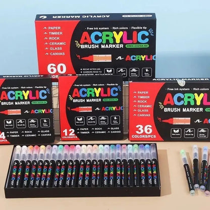 12-60 Colors Acrylic Markers Pen Soft Brush Waterproof Paint Pens For Rock Wood Easter Eggs DIY Crafts Quick Dry Painting Tool