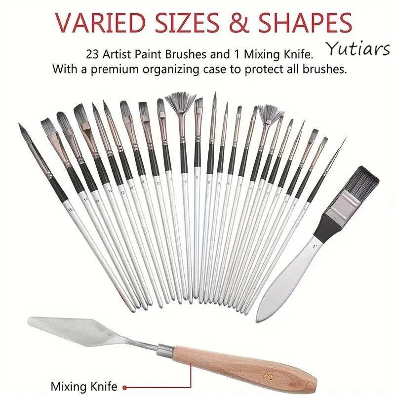 Professional 24-Piece Artist Paint Brush Set - Assorted Flat, Round, Fan & Detail Brushes with Premium Soft Bristles
