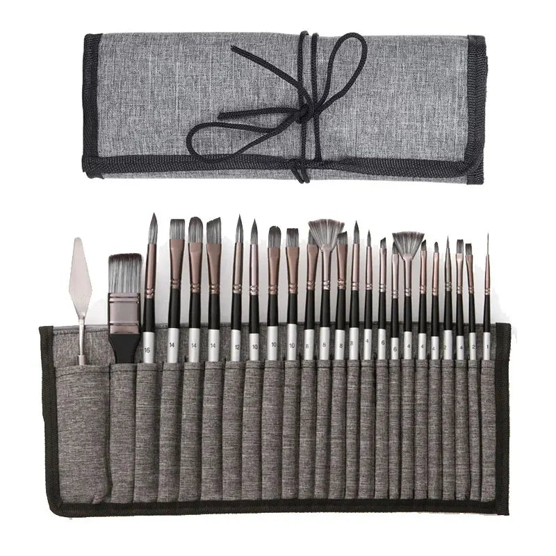 Professional 24-Piece Artist Paint Brush Set - Assorted Flat, Round, Fan & Detail Brushes with Premium Soft Bristles