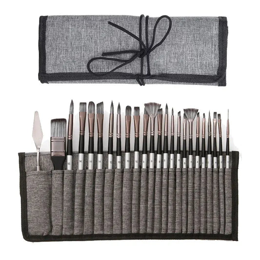 Professional 24-Piece Artist Paint Brush Set - Assorted Flat, Round, Fan & Detail Brushes with Premium Soft Bristles