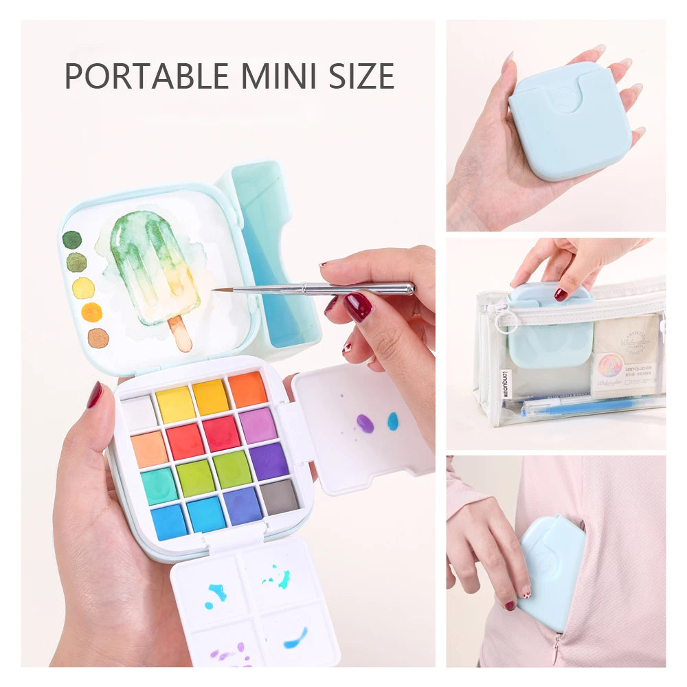16 Colors Mini Portable Solid Watercolor Paint Set with Brush & Palette Travel Sketching Painting Box for Art Drawing Sketching