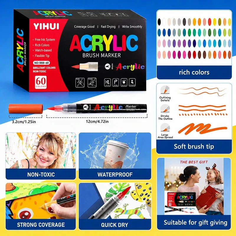 12-60 Colors Acrylic Markers Pen Soft Brush Waterproof Paint Pens For Rock Wood Easter Eggs DIY Crafts Quick Dry Painting Tool