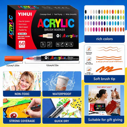 12-60 Colors Acrylic Markers Pen Soft Brush Waterproof Paint Pens For Rock Wood Easter Eggs DIY Crafts Quick Dry Painting Tool