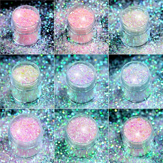 9Jars Iridescent Mermaid Glitter Nail Flakes Power 3D Ultra-thin Irregular Glass Nail Flakes 9colors Rainbow Nail Pigments