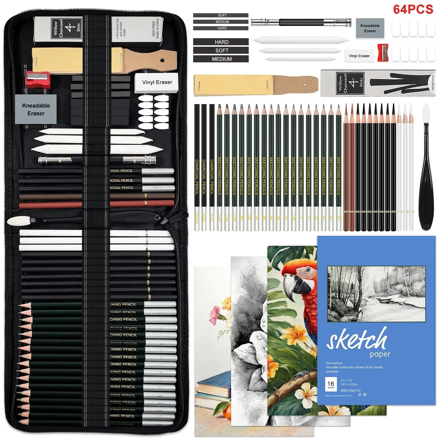 14/18/29/38/44/64 PCS Drawing Set Sketching Kit,Sketch Pencils Art Supplies with Graphite,Charcoal