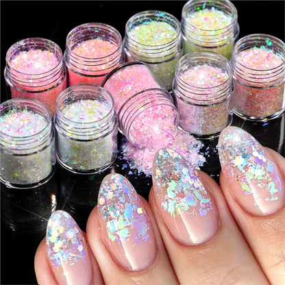 9Jars Iridescent Mermaid Glitter Nail Flakes Power 3D Ultra-thin Irregular Glass Nail Flakes 9colors Rainbow Nail Pigments