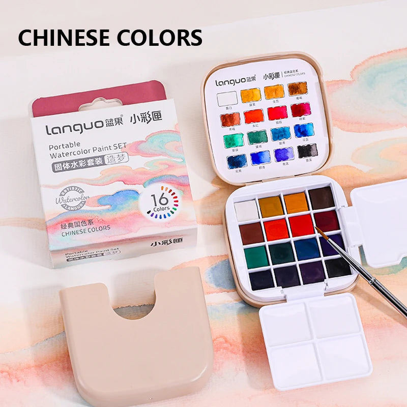 16 Colors Mini Portable Solid Watercolor Paint Set with Brush & Palette Travel Sketching Painting Box for Art Drawing Sketching
