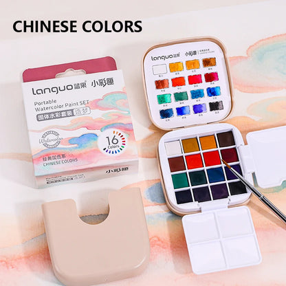 16 Colors Mini Portable Solid Watercolor Paint Set with Brush & Palette Travel Sketching Painting Box for Art Drawing Sketching