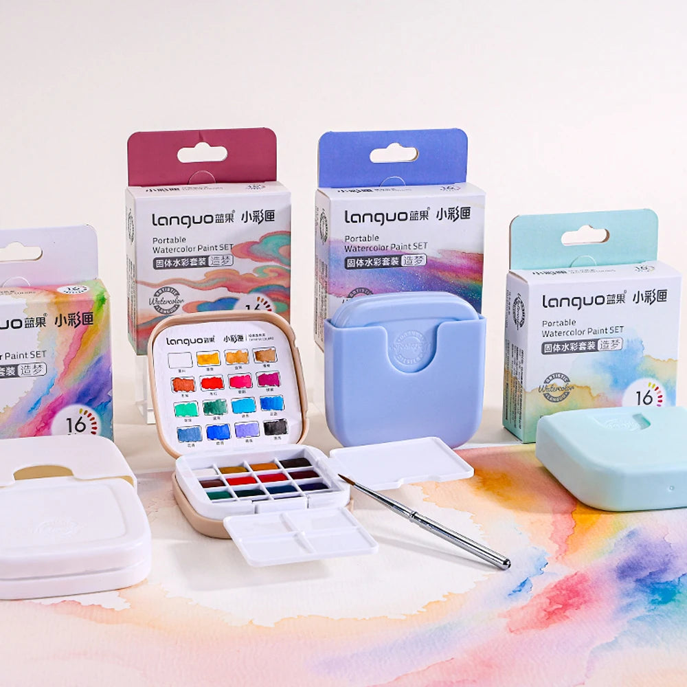 16 Colors Mini Portable Solid Watercolor Paint Set with Brush & Palette Travel Sketching Painting Box for Art Drawing Sketching