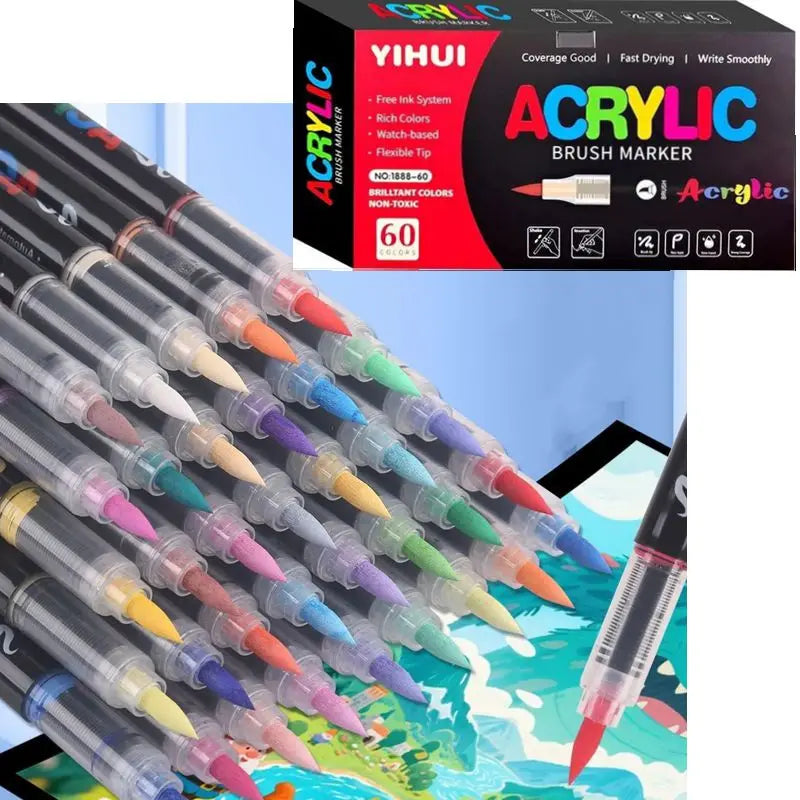 12-60 Colors Acrylic Markers Pen Soft Brush Waterproof Paint Pens For Rock Wood Easter Eggs DIY Crafts Quick Dry Painting Tool