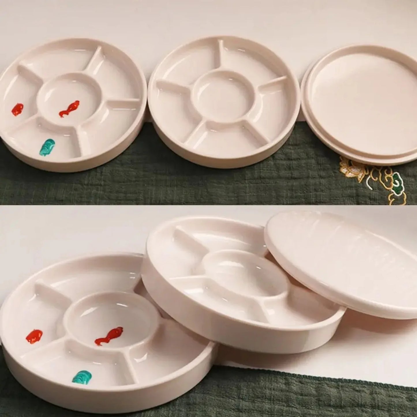 Imitation Porcelain Round Palette with Lid Acrylic Watercolor Painting Multifunctional White Paint Tray Artist Supplies